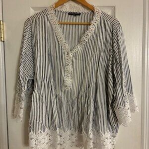 Cheslea & Theodore Women's White Blue Strip w Lace Boho Blouse No tag Assume 1X